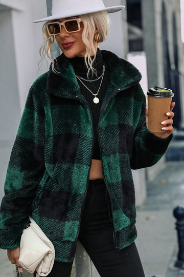 Woochic veste pour femmes en peluche double face col montant à carreaux vert S